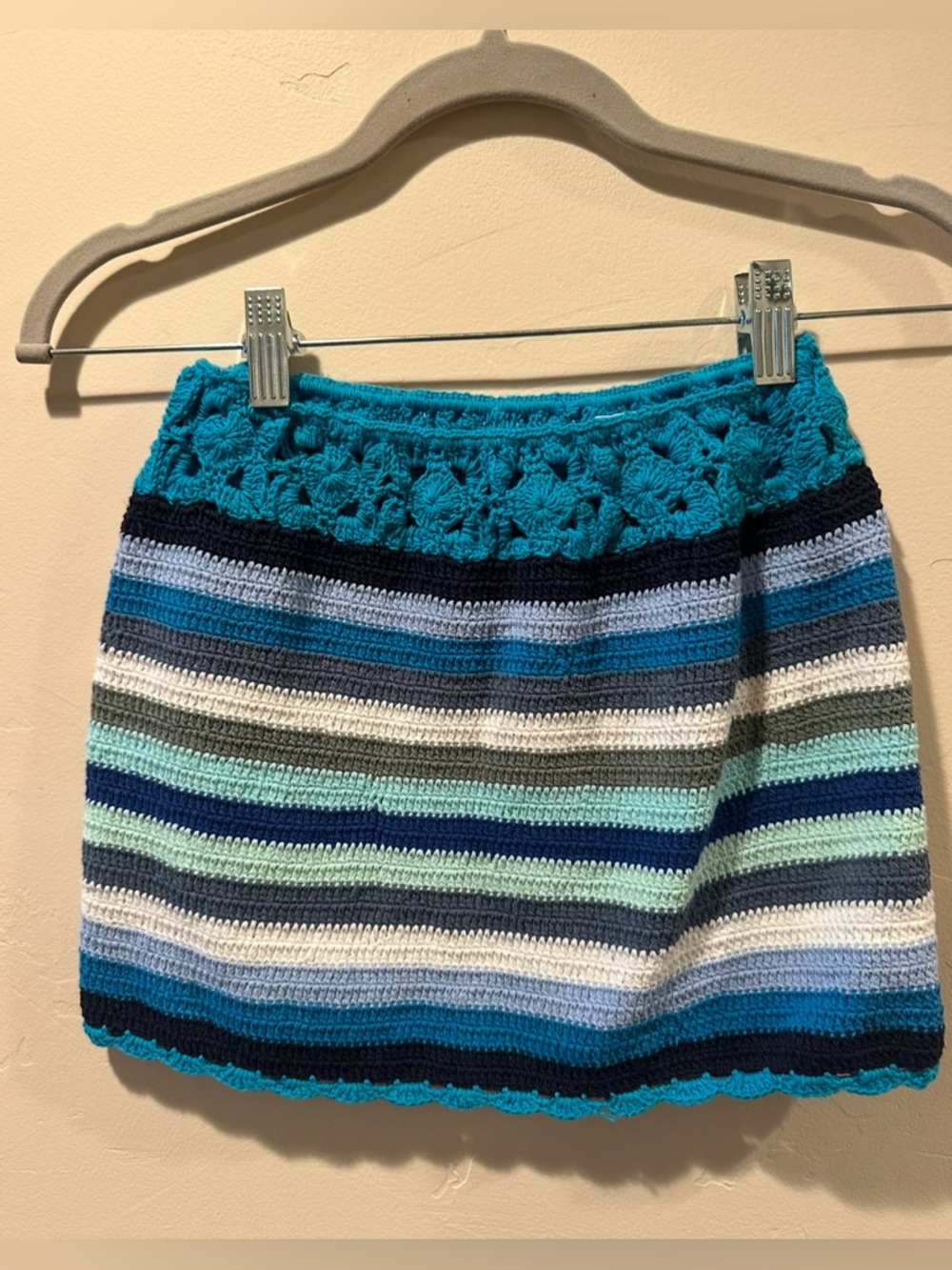 Hand-Crocheted Striped Mini Skirt in Teal, Navy and Aqua